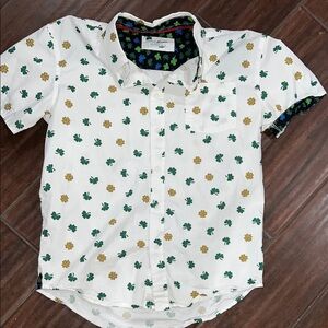 Men's White Button Down Shirt with Green and Yellow Clover Print